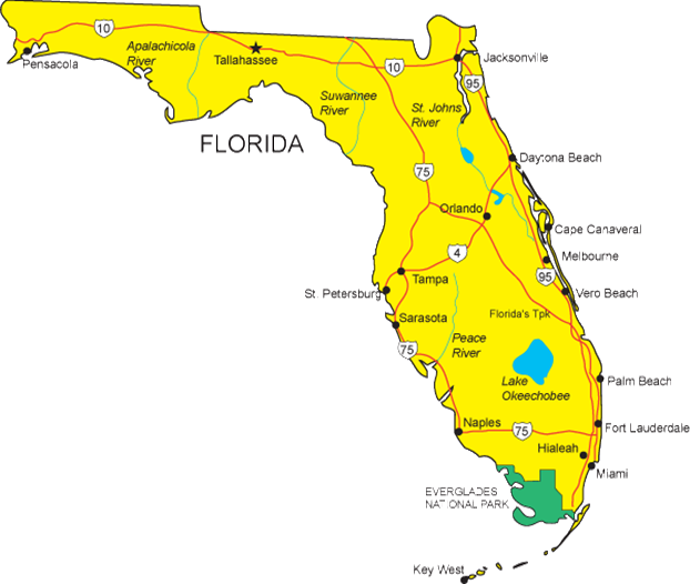 A map of florida with the names of all the cities.